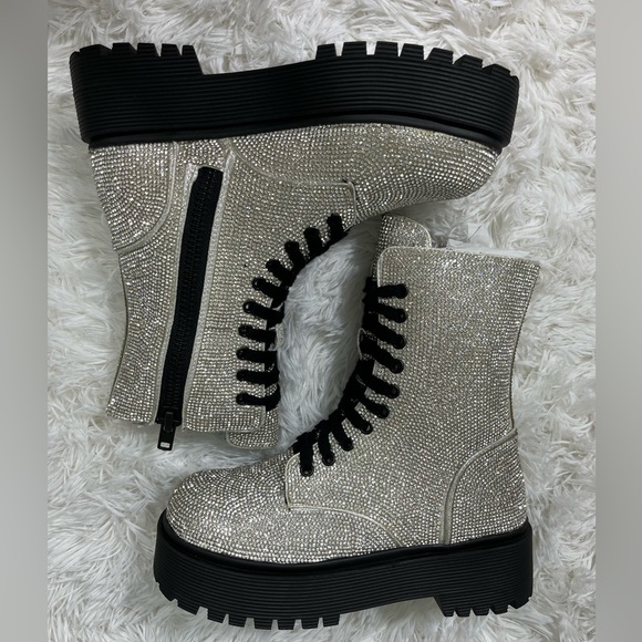 POSTER GIRL Diamond Duchess Rhinestone Combat Boots Zip Up Silver Black Size 6 - Picture 8 of 9